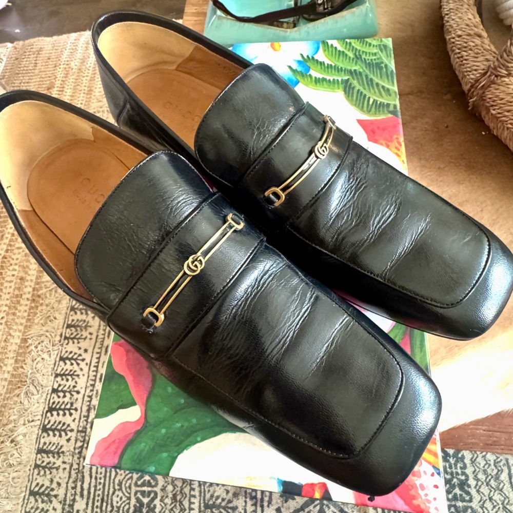 Gucci Square Toe Loafer and with a thin running G bar across shoe